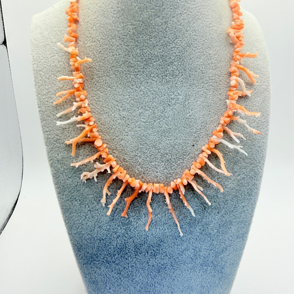 Vintage Style Peach Orange Branch Bead Necklace Coral Look Barrel Clasp